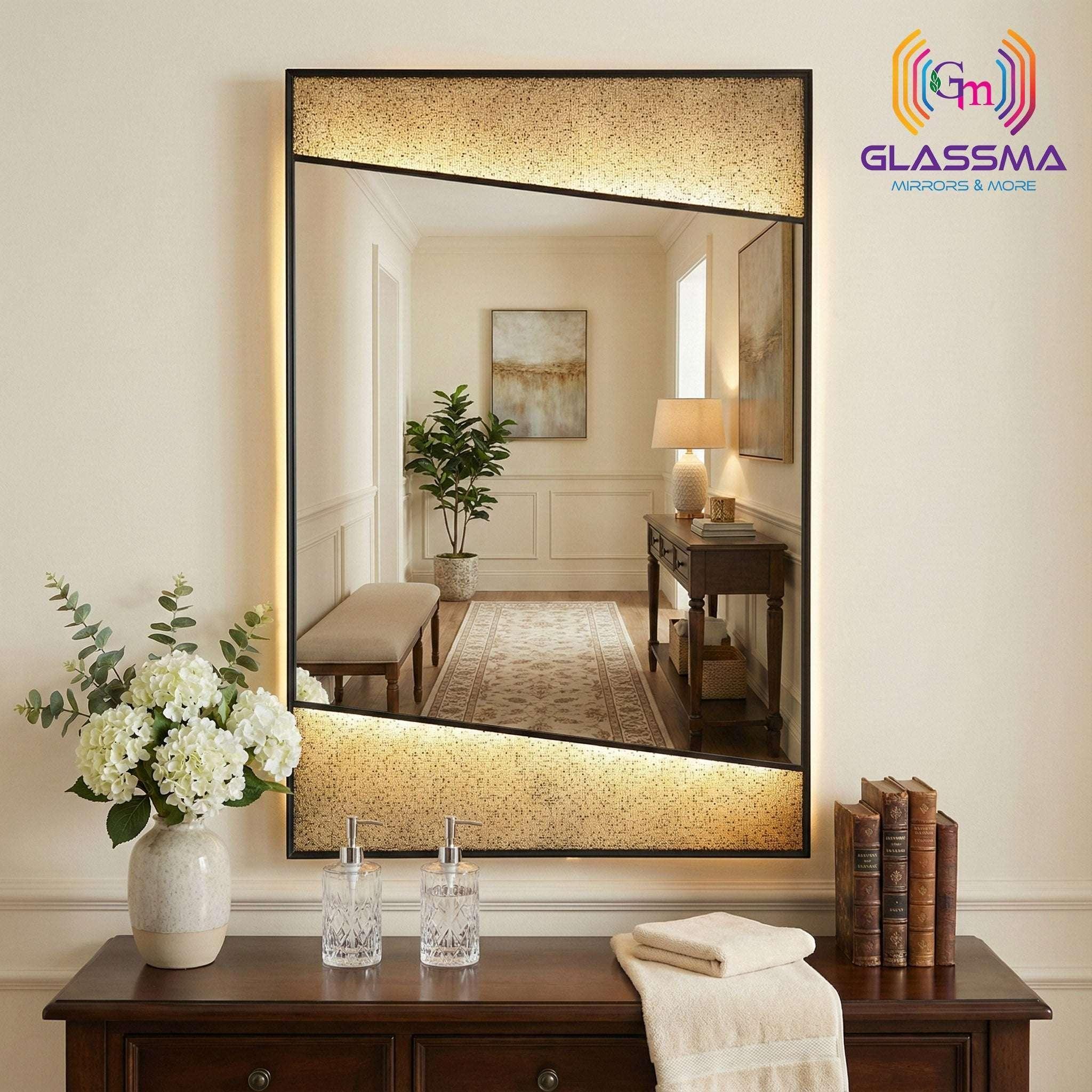 Aluminum Fusion Backlit LED Rectangular Mirror | Premium Designer Wall Mirror with Warm Ambient Lighting - Glassma